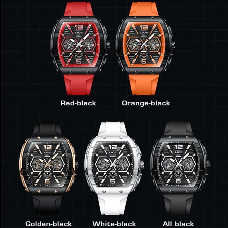 LIGE Top Marca de Luxo Mens Relógios Relógio Esportivo À Prova D 'Água Pulseira de Silicone Cronógrafo Relógio de Pulso de Quartzo Relogio masculino + CAIXA
