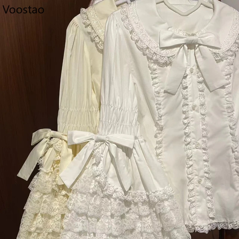 ビクトリア朝のヴィンテージロリータスタイルシャツ女性ゴシック Y2k 弓レースフリルフレア長袖ブラウス和菓子エレガントなかわいいトップス