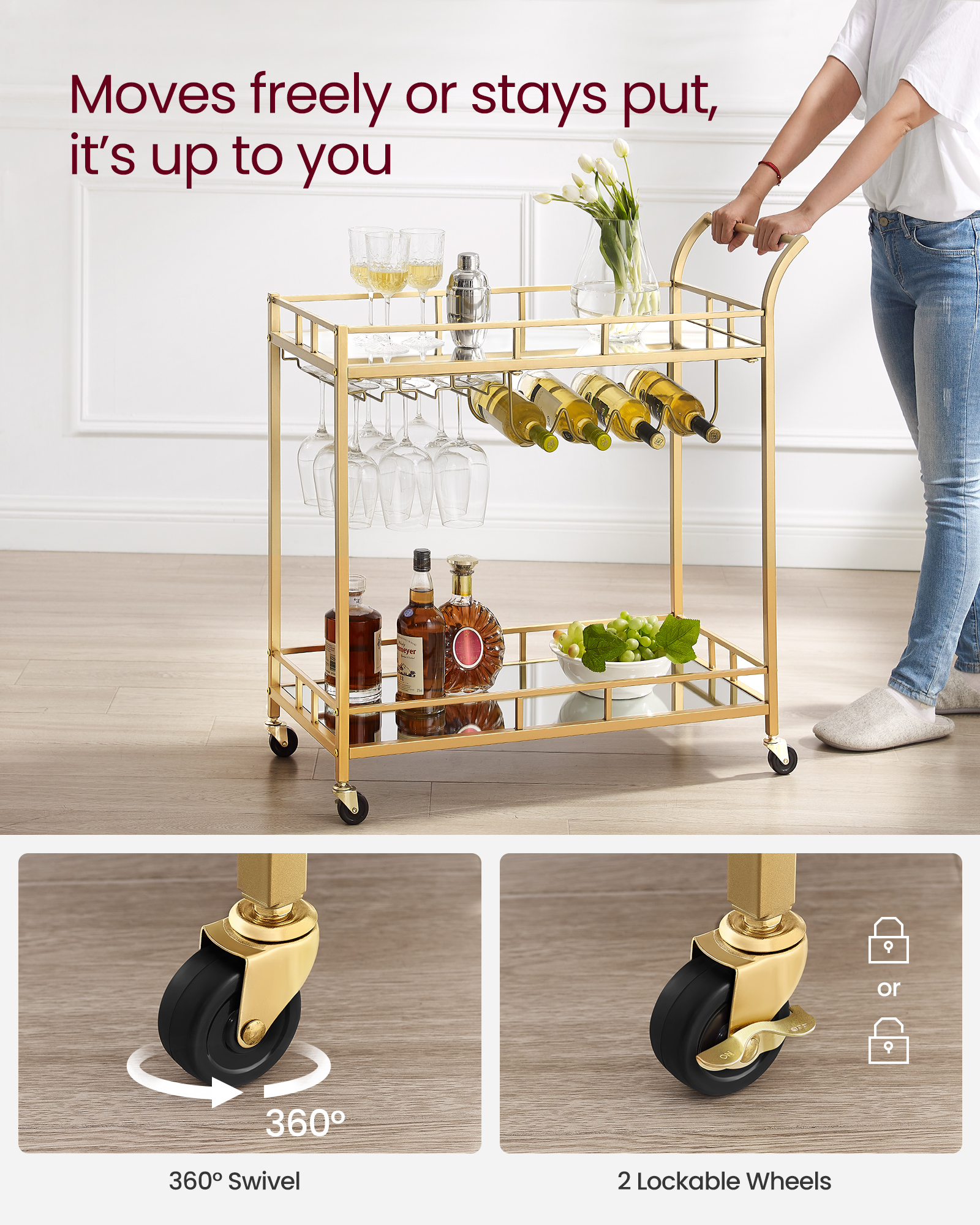VASAGLE Drinks Trolley, Bar Cart, Serving Trolley with 2 Mirrored Shelves, Wine Holders, Glass Holders