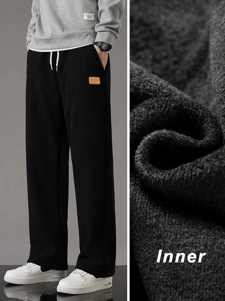 Inverno grosso quente veludo sweatpants homens forro de lã cordão em linha reta solto calças pista masculino casual velo calças térmicas