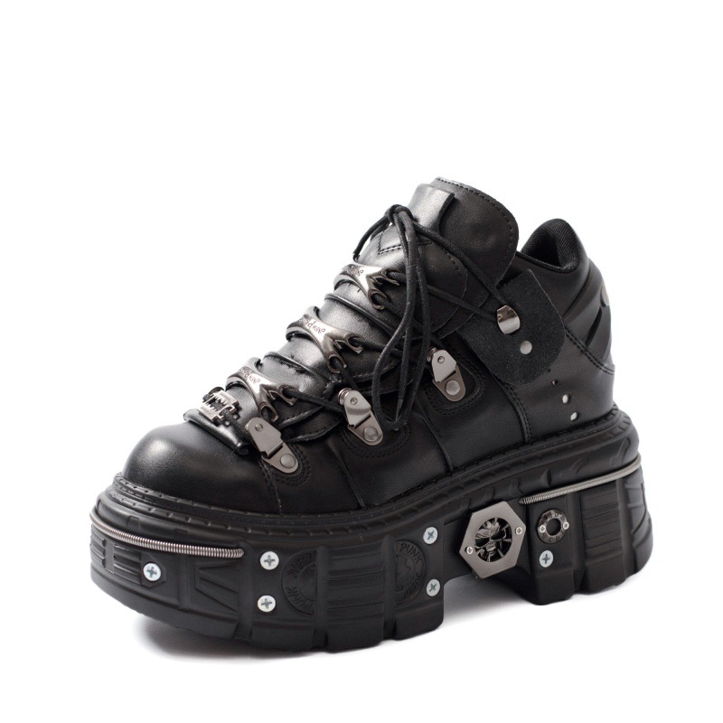 Fashion Women Punk Platform Shoes for Woman's Lace-Up Round Toe Metal Decoration Thin Heels Sneakers Gothic Party Nightclub Shoe