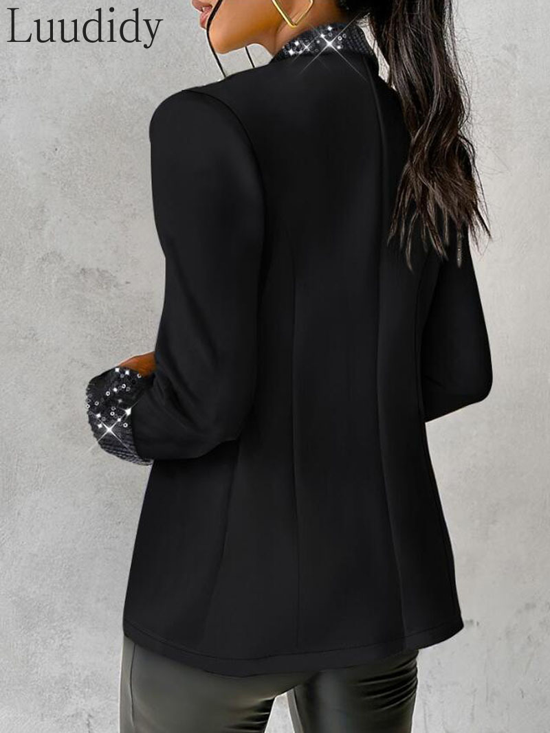 Women'S Elegant Casual Solid Color Long Sleeve Notched Collar Sequin Decor Blazer Coat