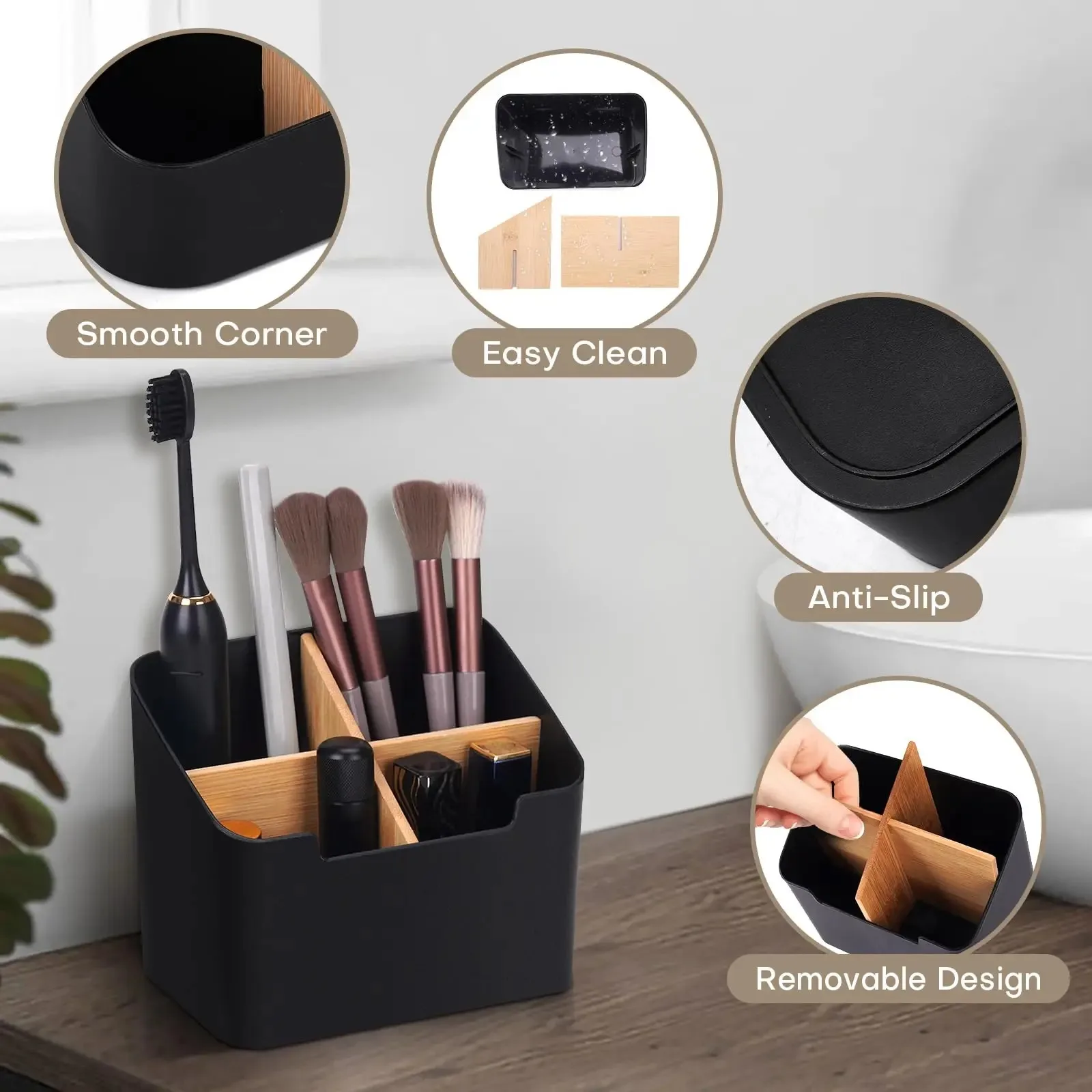 2/4 Grids Multi Functional Desktop Bamboo And Wood Compartment Storage Box With Detachable Bamboo And Wood Partitions