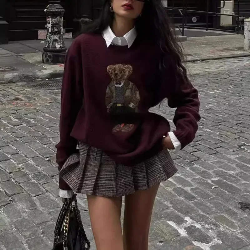 Zekye зимний женский свитер, одежда с вышивкой медведя, облегающий свитер с круглым вырезом, вязаный свитер в студенческом стиле, большого размера Y2k