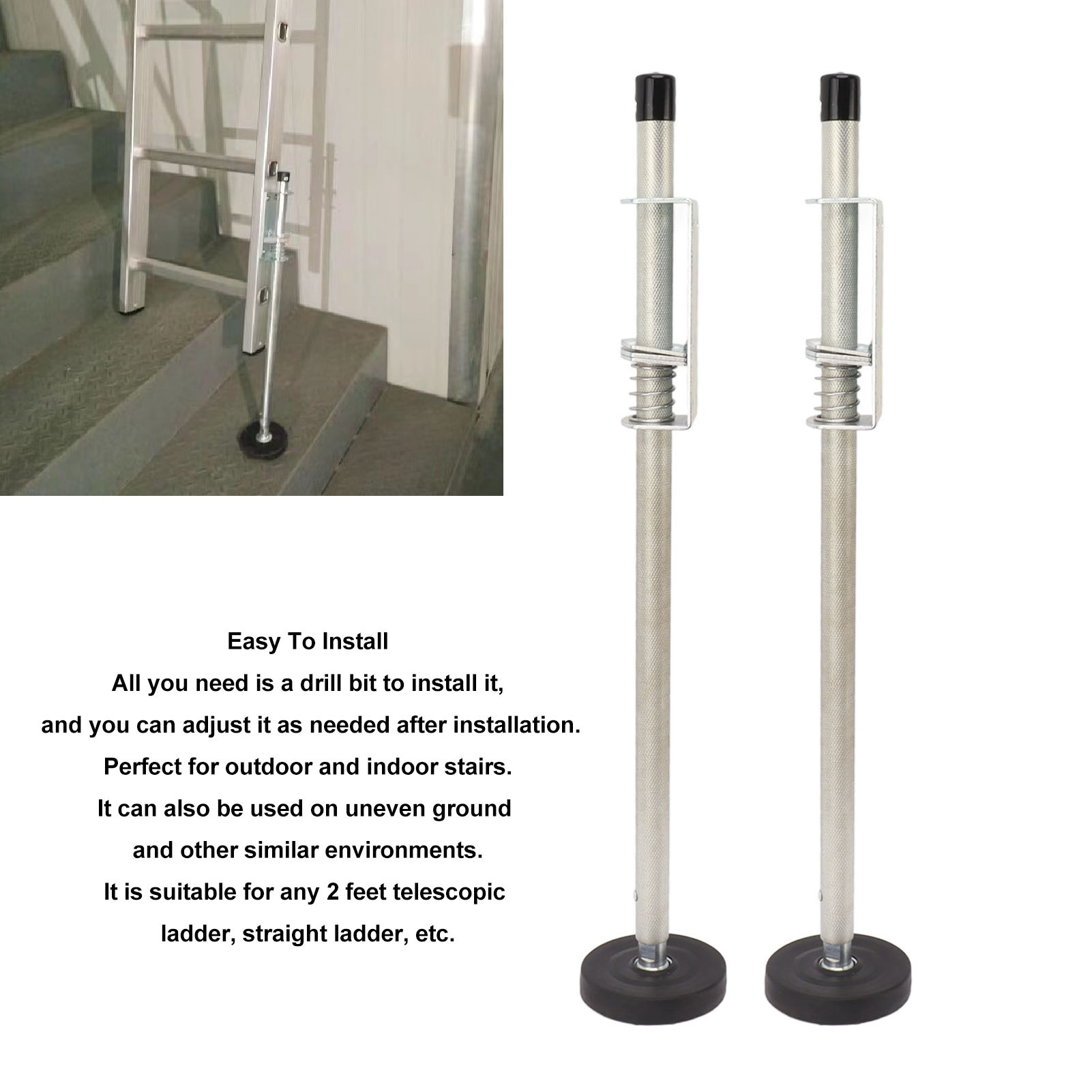 Nivelador de escalera ajustable, pies niveladores de escalera de 60cm para plataforma estable y nivel de tierra, 2 uds.