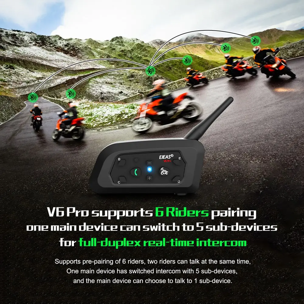 EJEAS V6 PRO + Bluetooth casco de motocicleta intercomunicador auriculares con 1200M BT interfono comunicador para 6 conductores impermeable