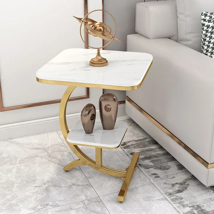 Sofá de mármore de luxo, mesa lateral, mesa de centro de metal preto dourado, canto pequeno quadrado, mármore de alta qualidade de camada dupla