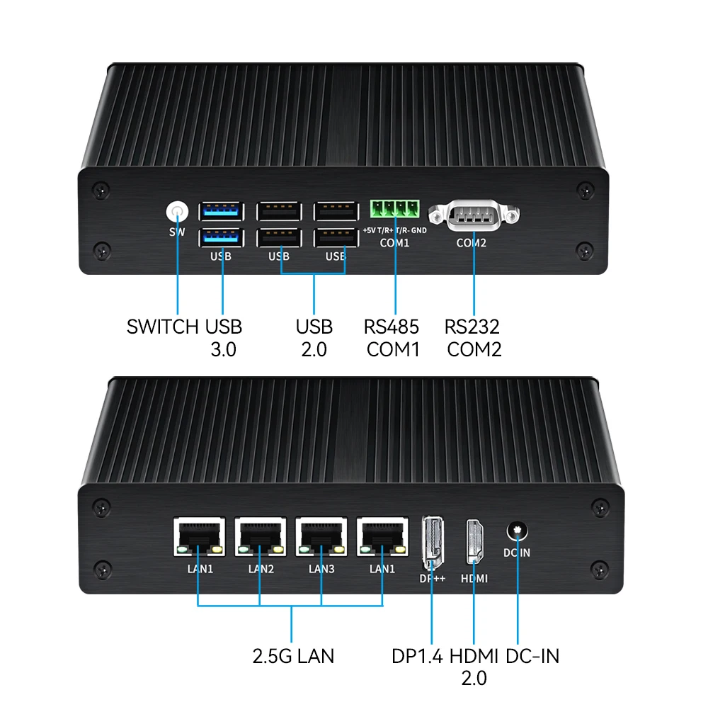 Fanless Industarial Mini PC Intel N100 4x 2.5G Ethernet RS485 RS232 6x USB M.2 Slot Expansion Windows Linux OpenWrt RouterOS