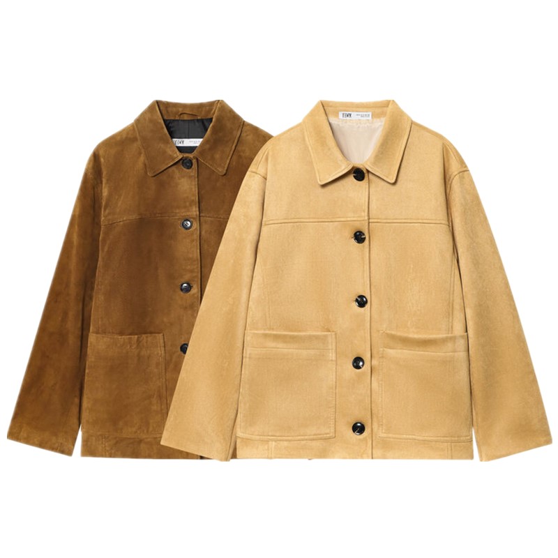 Jaqueta Fena de Couro Sintético com Manga Longa Solta, Nova Chegada de Outono, Estilo Versátil e Quente com Fechamento po...