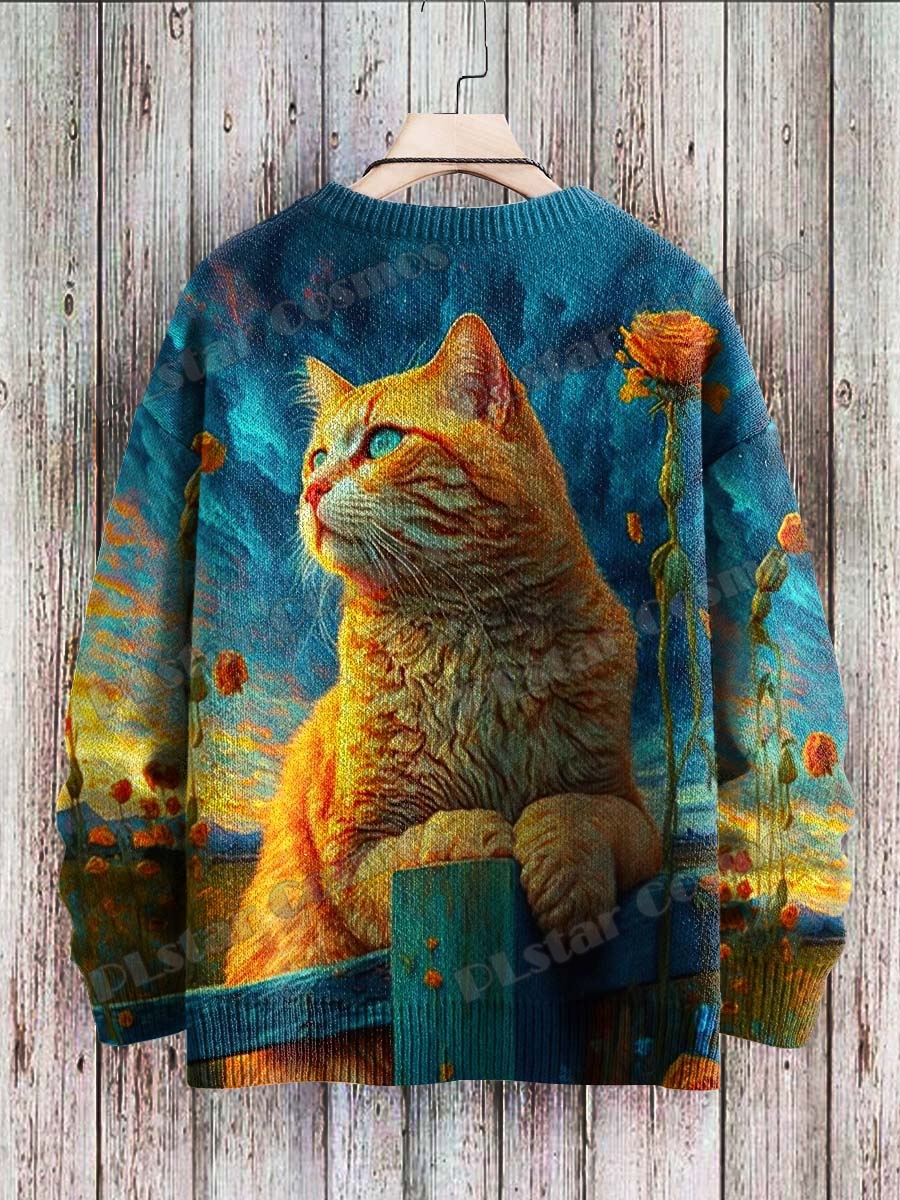 メンズレトロブラックキャットアイズアート柄ニットプルオーバー、ユニセックスカジュアルニットセーター、3Dプリントクルーネック、冬、zzm46