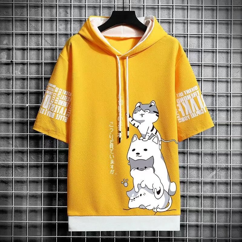 일본 패션 남성 후드 여름 남성 의류 만화 캐주얼 하라주쿠 streetwear 프린트 후드 탑 반소매 스웨트 남성