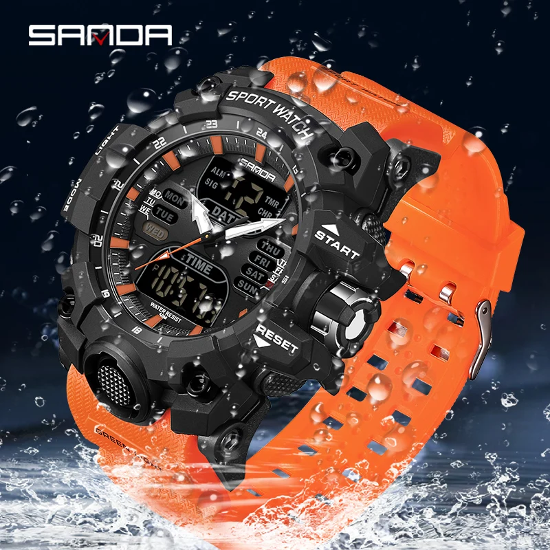 SANDA-reloj electrónico de lujo estilo G para hombre, cronógrafo Digital analógico LED para deportes al aire libre, pantalla Dual militar, resistente al agua hasta 50M
