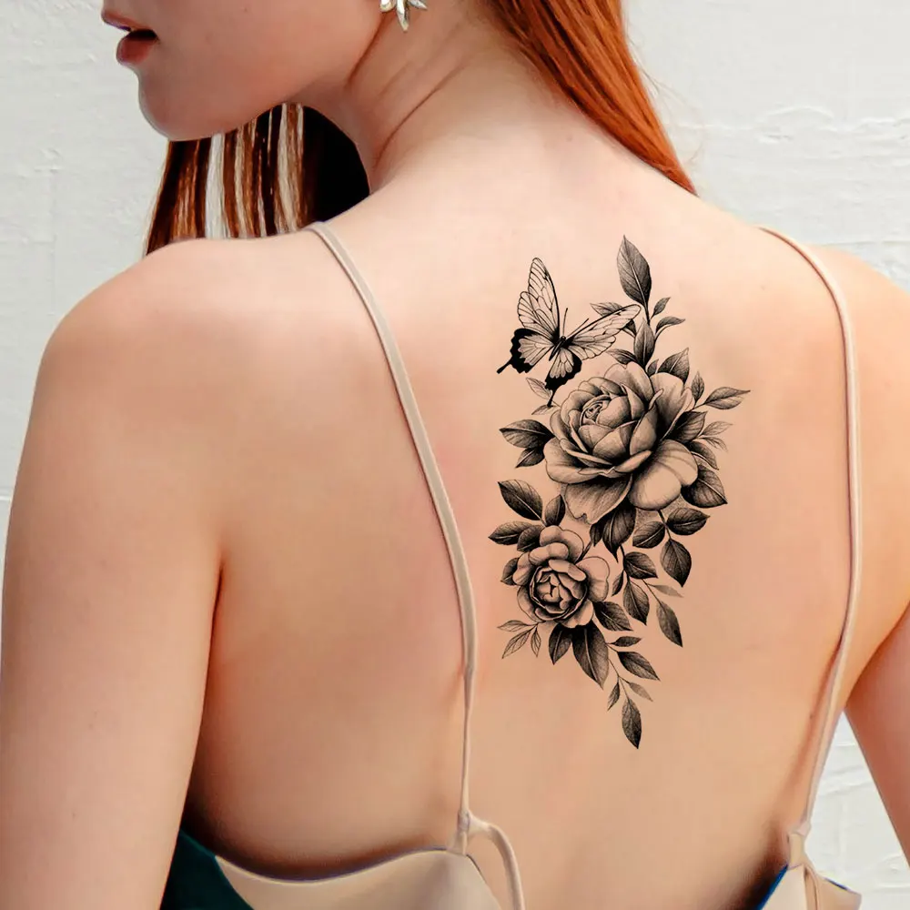 ดอกไม้กันน้ํารอยสักชั่วคราวสําหรับผู้หญิงดอกไม้สีดํา Tattoo สติก