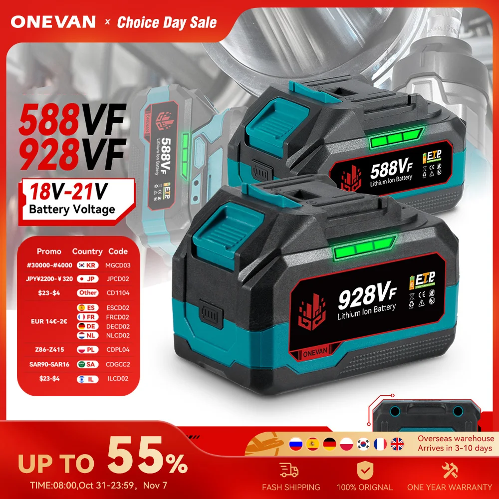 ONEVAN 21 В литиевая батарея 928VF 29900 мАч 588VF 22900 мАч индикатор емкости перезаряжаемая для Makita 18 В аккумуляторный контактный электроинструмент