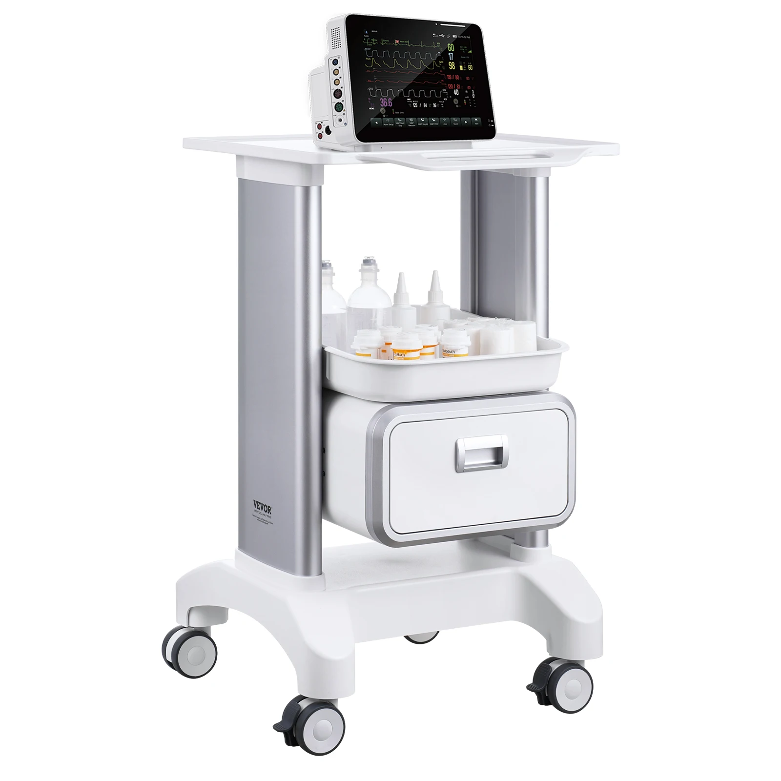 VEVOR 2 Tiers Lab Carts Lab Utility Cart Mobile Medical with ABS Material Lab Rolling Cart for Lab Clinic Hospital Salon