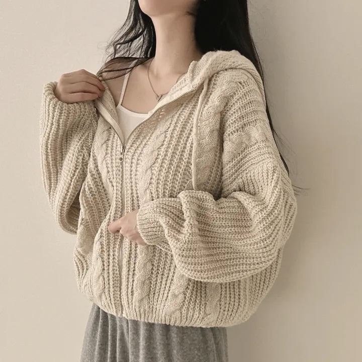 Ladies Loose Lazy Sle Retro Twist Knitted Hat Sweater Coat Korean Version Autumn Winter Top Warmth Emitting Short Length Zi...