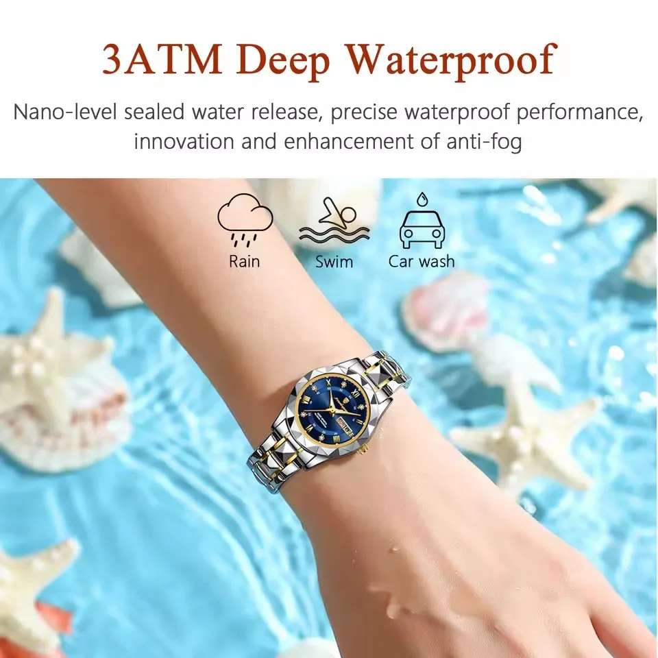 POEDAGAR, reloj elegante de lujo para mujer, reloj de pulsera luminoso resistente al agua con fecha semanal para mujer, relojes de cuarzo de acero inoxidable a la moda para mujer