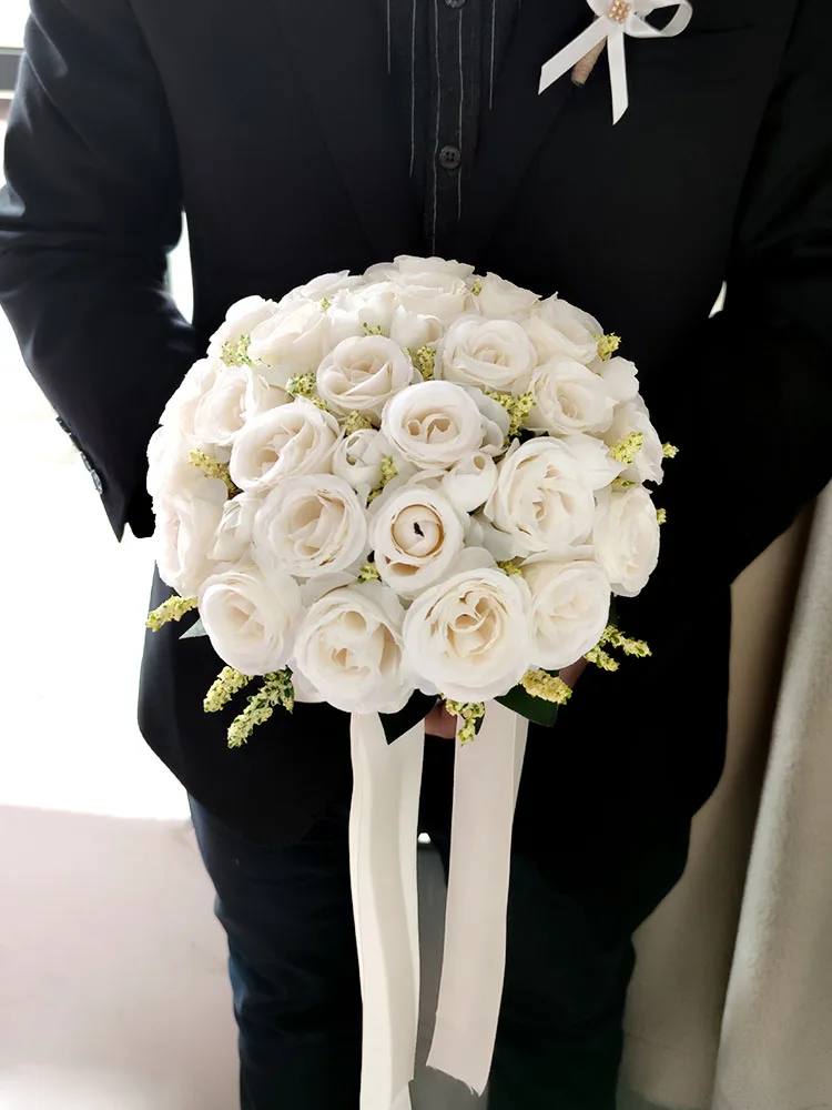 Bouquet da sposa bianco per la sposa, damigella d'onore, rose di seta, fiori artificiali, fiore all'occhiello, bouquet da sposa, accessori da sposa, corpetto