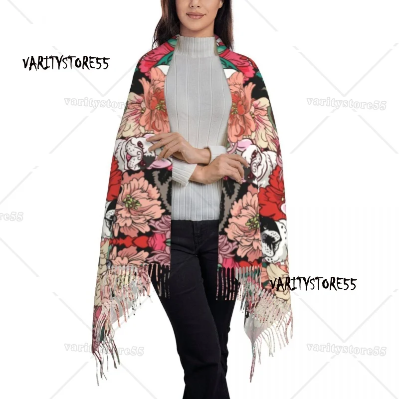 Bufandas con flores de Bulldog Francés para mujer, chal grueso y cálido con borlas, bufanda de invierno para amantes de los perros