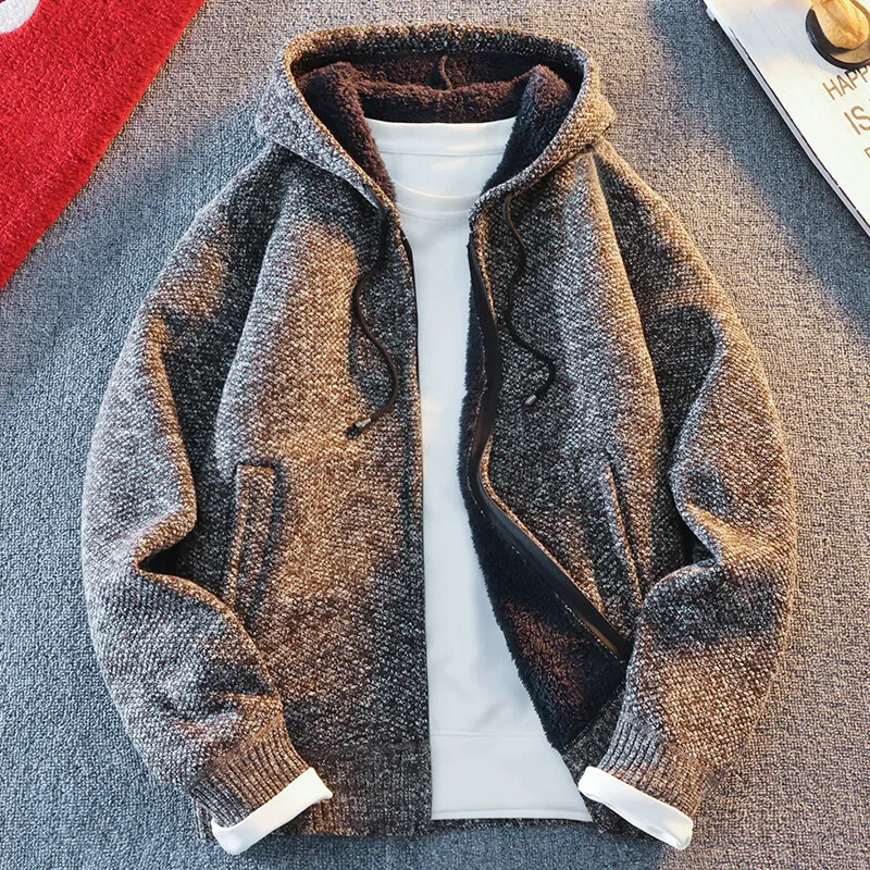 Suéter de malha masculino clássico, cardigã com capuz, jaqueta casual streetwear com zíper completo, casaco