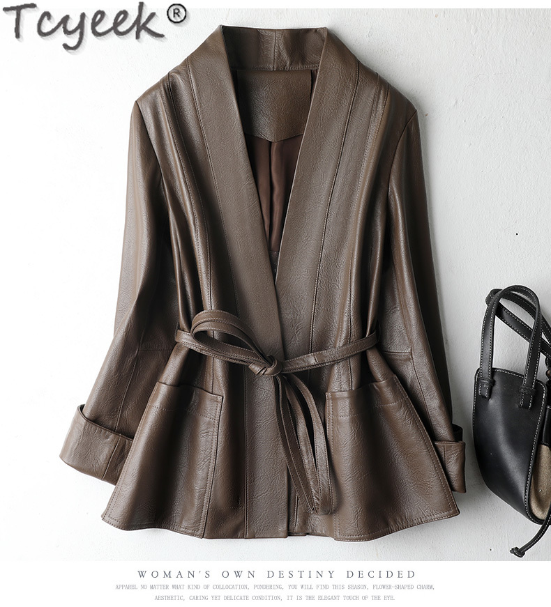 Tcyeek-女性用本革ジャケット,シープスキンジャケット,トップレイヤー,ミッドレングス,ショー,ウエスト,ベルト付き服,春と秋,2023
