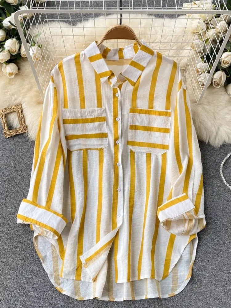Frühling Sommer Gestreiften Bluse Mode drehen-unten Kragen Langarm Taste Top Casual Shirt Weibliche Urlaub Lose Tops Shirts neue