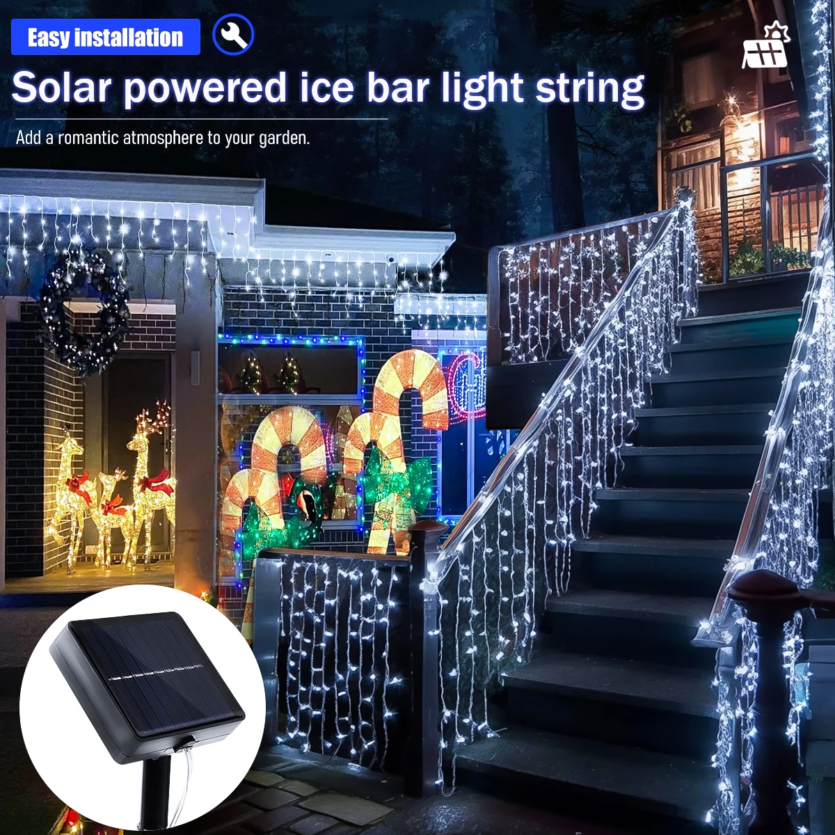 Tira de luces de hielo Solar 2025, 8 modos, luces LED de hadas de carámbanos, luces impermeables para decoración de jardín al aire libre, iluminación para el hogar y las vacaciones