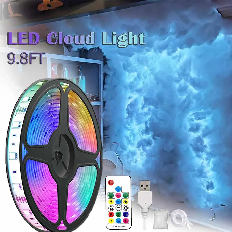 Bande lumineuse LED 3D en forme de nuage, 9.8 pieds, prise USB, télécommande, intensité variable, atmosphère colorée, décoration de chambre à coucher, veilleuse