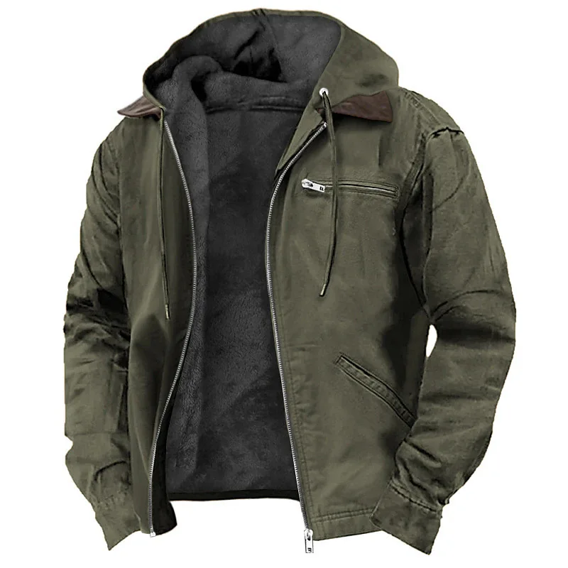 Homens outono inverno cor sólida com capuz roupas de algodão casual veludo zíper bolso com capuz jaqueta casaco moletom