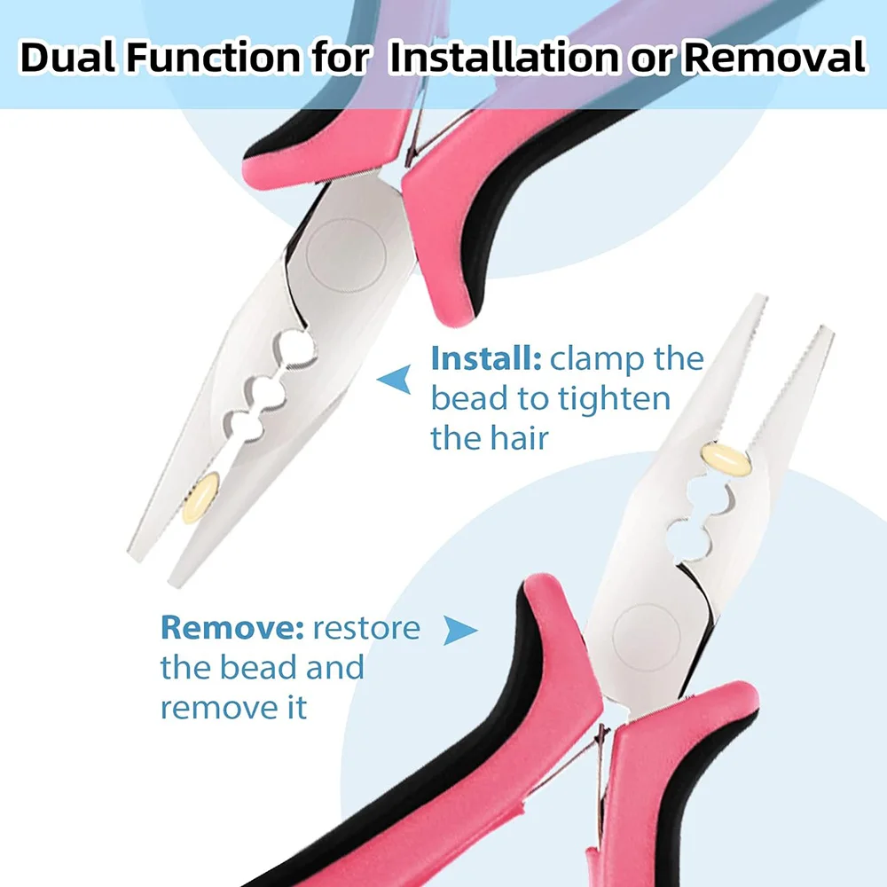 Mini alicates para extensiones de cabello con 3 agujeros, abridor y herramienta de extracción de extensiones de cabello con microanillo Nano, alicates de punta recta rosa