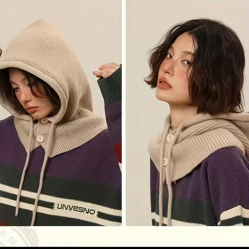 1 peça, chapéus de inverno para mulheres meninas cachecol quente com capuz chapéu crânio boné balaclava gorro de malha com cordão ajustável