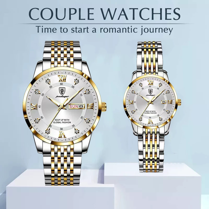 Poedagar-Conjuntos de relojes para ella y él, marca superior de lujo, resistente al agua, de acero inoxidable, para mujeres y hombres, artículos para parejas para amantes, Reloj para Hombre