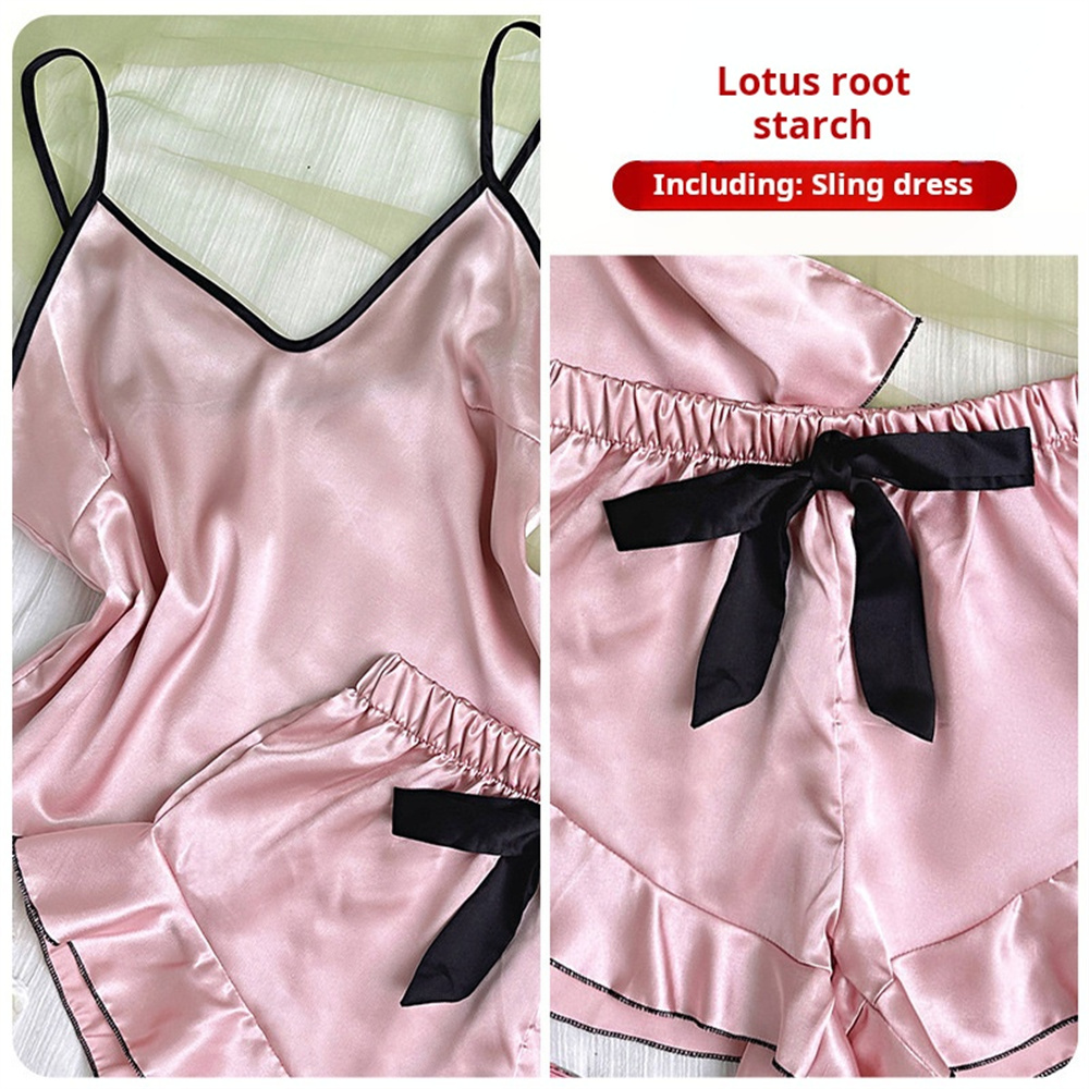 Pijama feminino de cetim liso, camiseta com decote em v, bordas com babados e shorts com laço, conjunto de pijama simples e respirável, roupas para casa