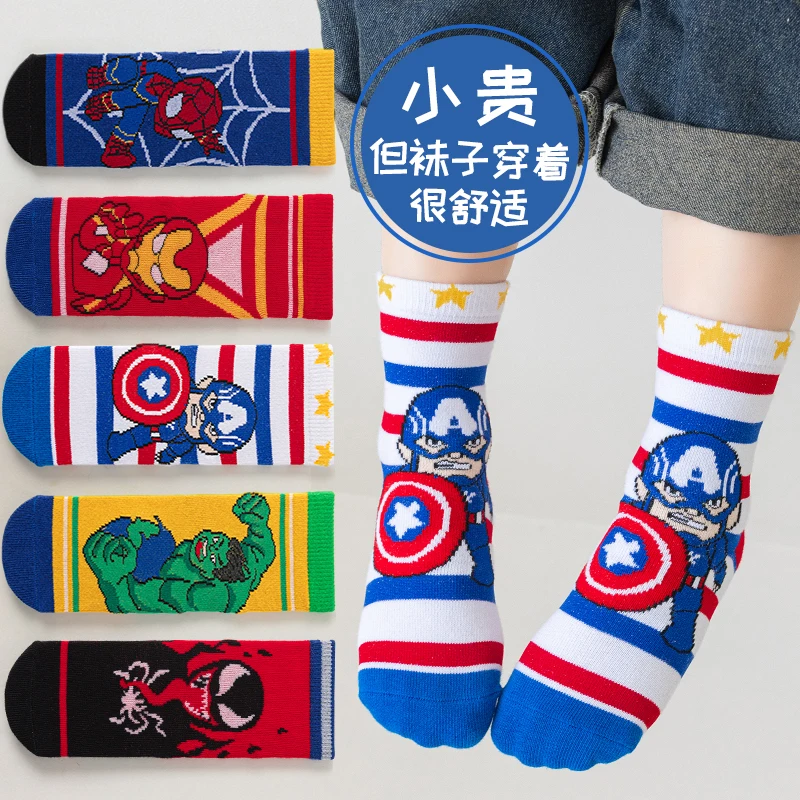 5 คู่ถุงเท้าเด็กการ์ตูน Spiderman ถุงเท้าเด็กฤดูใบไม้ผลิฤดูใบไม้ร่วงกลางถุงเท้าผ้าฝ้ายน่ารักถุงเท้าเด็กขนาด 1-12 ปี