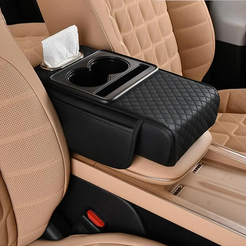 Car Armrest Box Heightening Cushion With Cup Holder Tissue Box Side Storage Pocket For Auto Interior Arm Rest Cover Height Pad