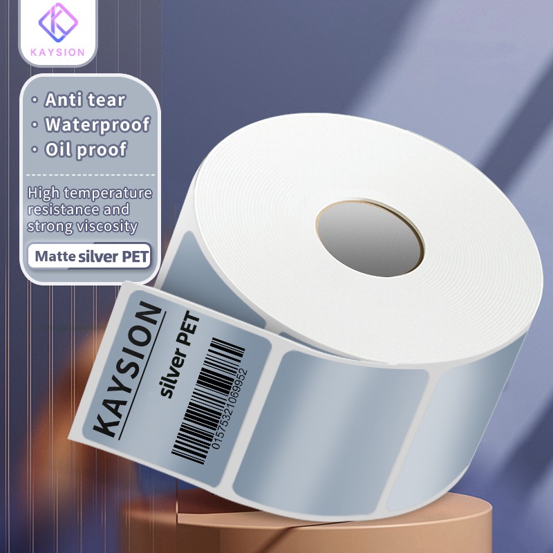 Autocollant d'étiquette auto-adhésif PET argent mat, papier d'impression de codes à barres vierge, ruban de transfert thermique étanche, autocollant d'imprimante