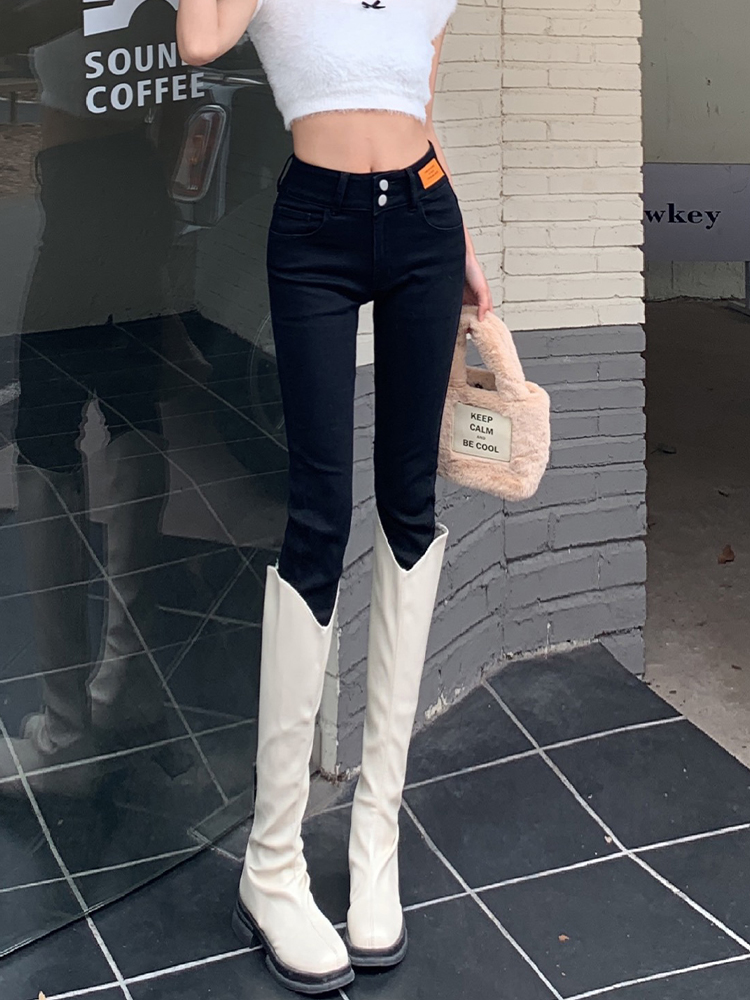 ハイウエスト黒スリムフィットデニムジーンズ女性の春のファッション 2023 弾性痩身大きいサイズレディースペンシルパンツ