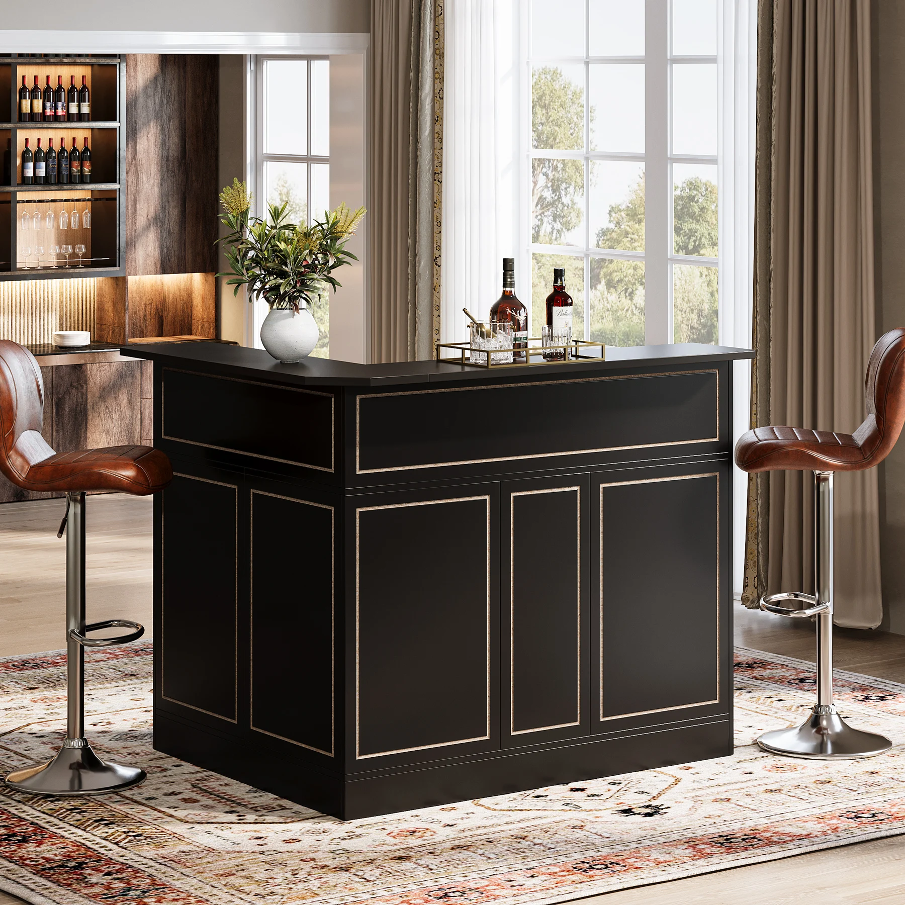 Tribesigns L-Shaped Bar Cabinet, 4-Tier Corner Bar Unit with Stemware Racks, Black