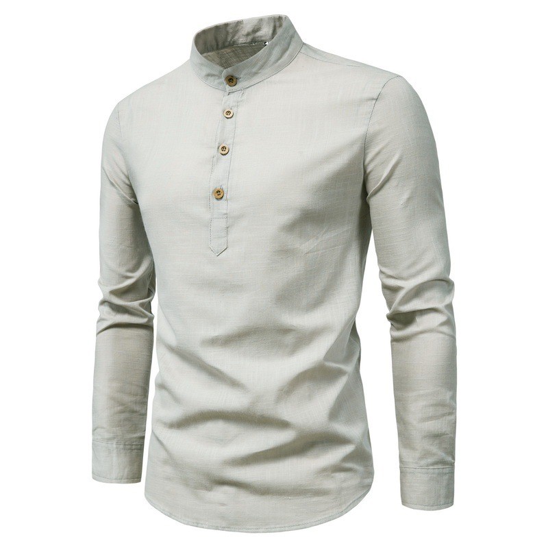 Men's solid color casual slim fitting standing collar long sleeved business shirt shirt