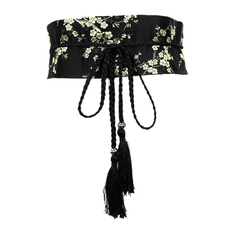 Y1UB Chinese Han Dynasty Hanfu Clothing Waistband with Tassels Wide Tie Belt with Chinese Ink Painting Flower Pattern