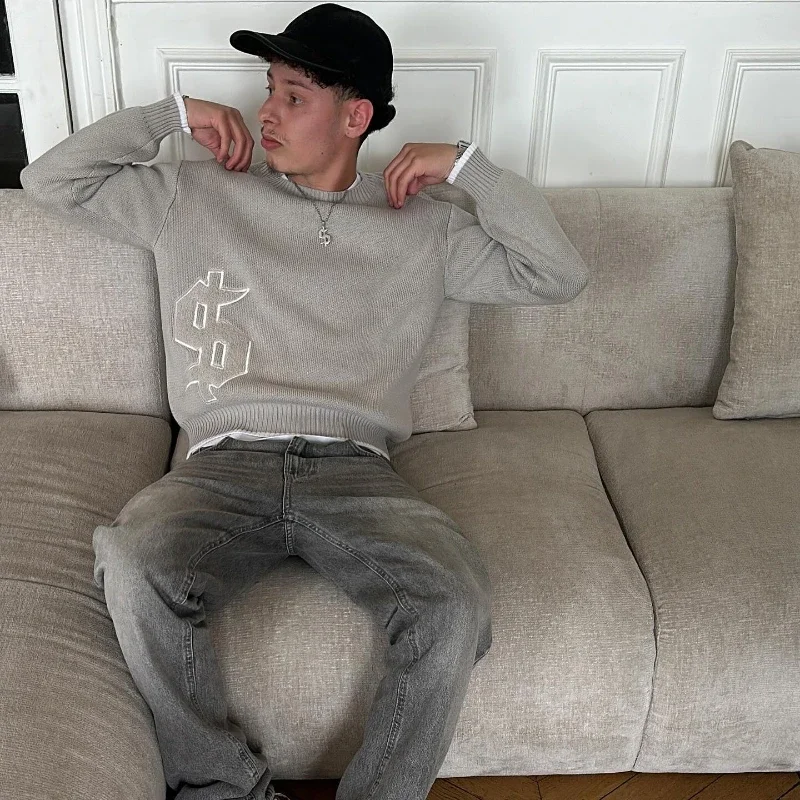 Europäischer amerikanischer Herbst- und Winter-Rundhalspullover in Grau, beliebtes Muster, Y2K-Pullover, warme Herren- und Damenkleidung