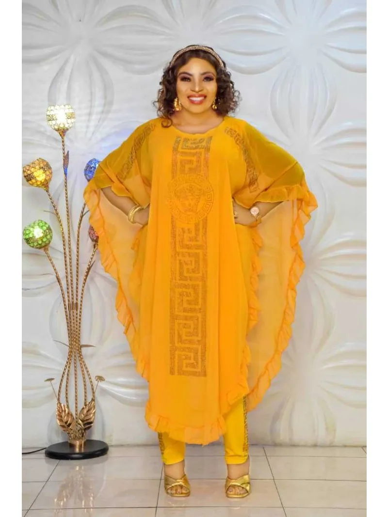 Traje africano de tres piezas de gasa de talla grande, longitud media, conjunto de falda de gasa con manga de mosca y cinco mangas de fibra ultrafina