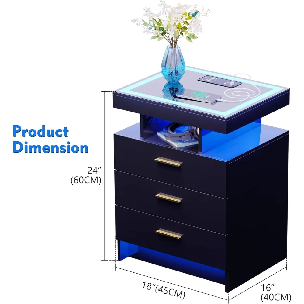 LED Nightstand with Wireless Charging Station, Auto Sensor 3 Color Dimmable Night Stand, Modern Bedside Table with 3 Drawers &