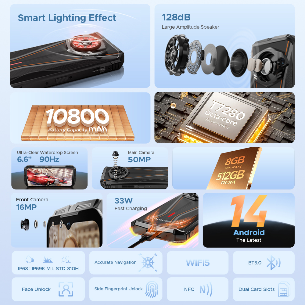 Versión Global DOOGEE S Punk Pro teléfono resistente efecto de luz LED 8GB RAM 512GB ROM 6,6 "FHD + 90Hz 10800mAh batería Android 14 NFC