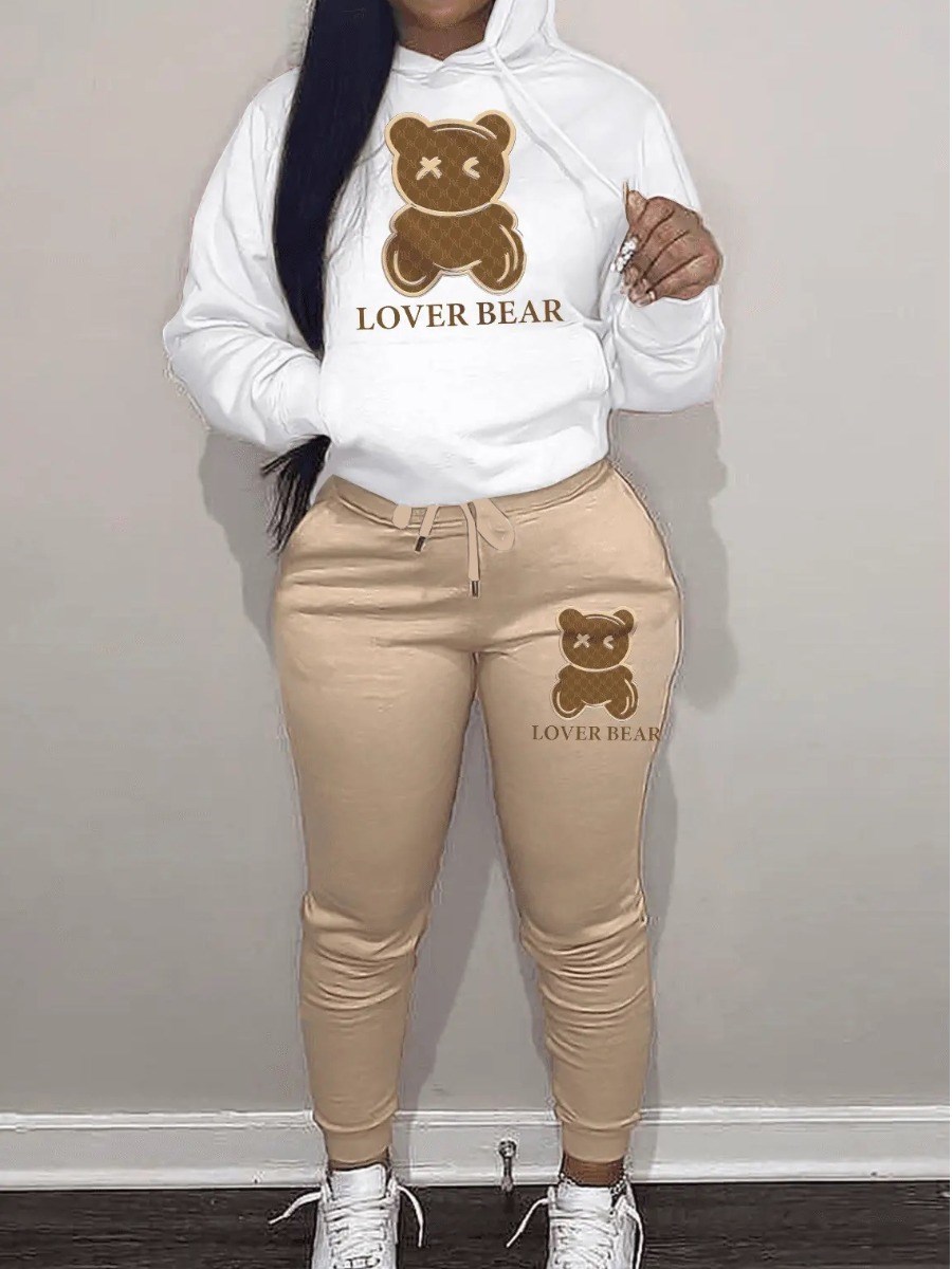 Conjunto de chándal con bolsillo de canguro y estampado de letras de oso encantador, Sudadera con capucha de manga larga y pantalones con cordón, trajes a juego de dos piezas para mujer
