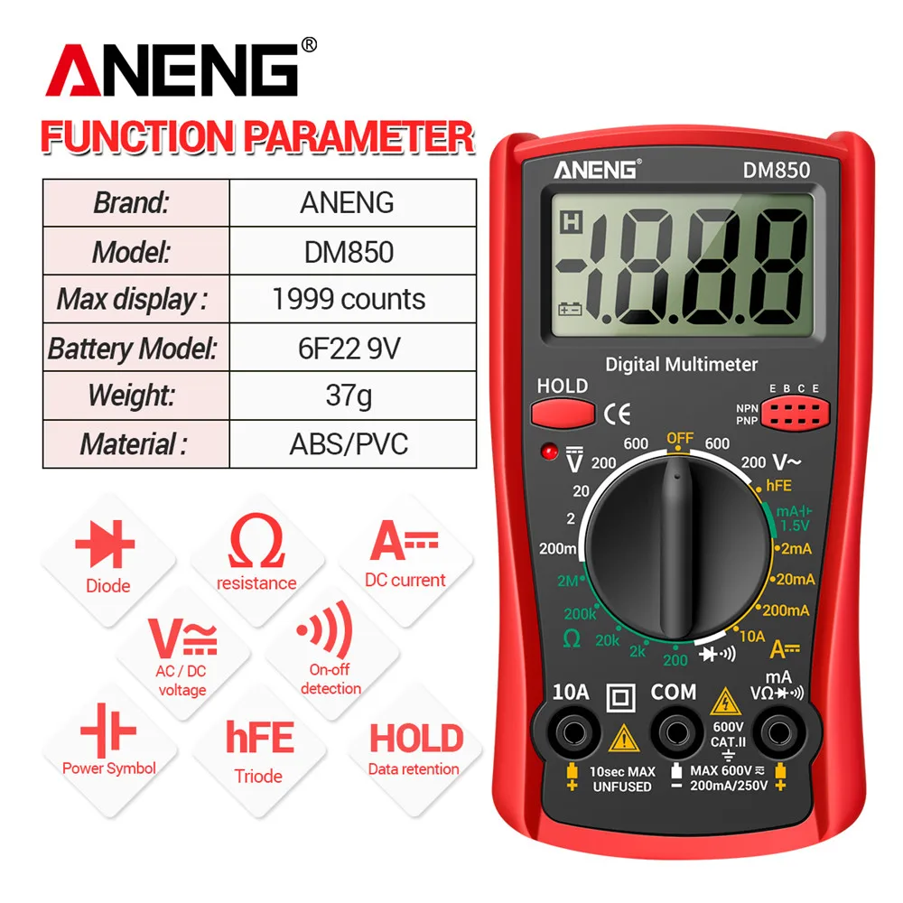 ANENG-multímetro Digital DM850, herramienta profesional automática de 1999 recuentos, probador de voltaje automático de CA/CC, amperímetro de corriente de ohmios, Detector