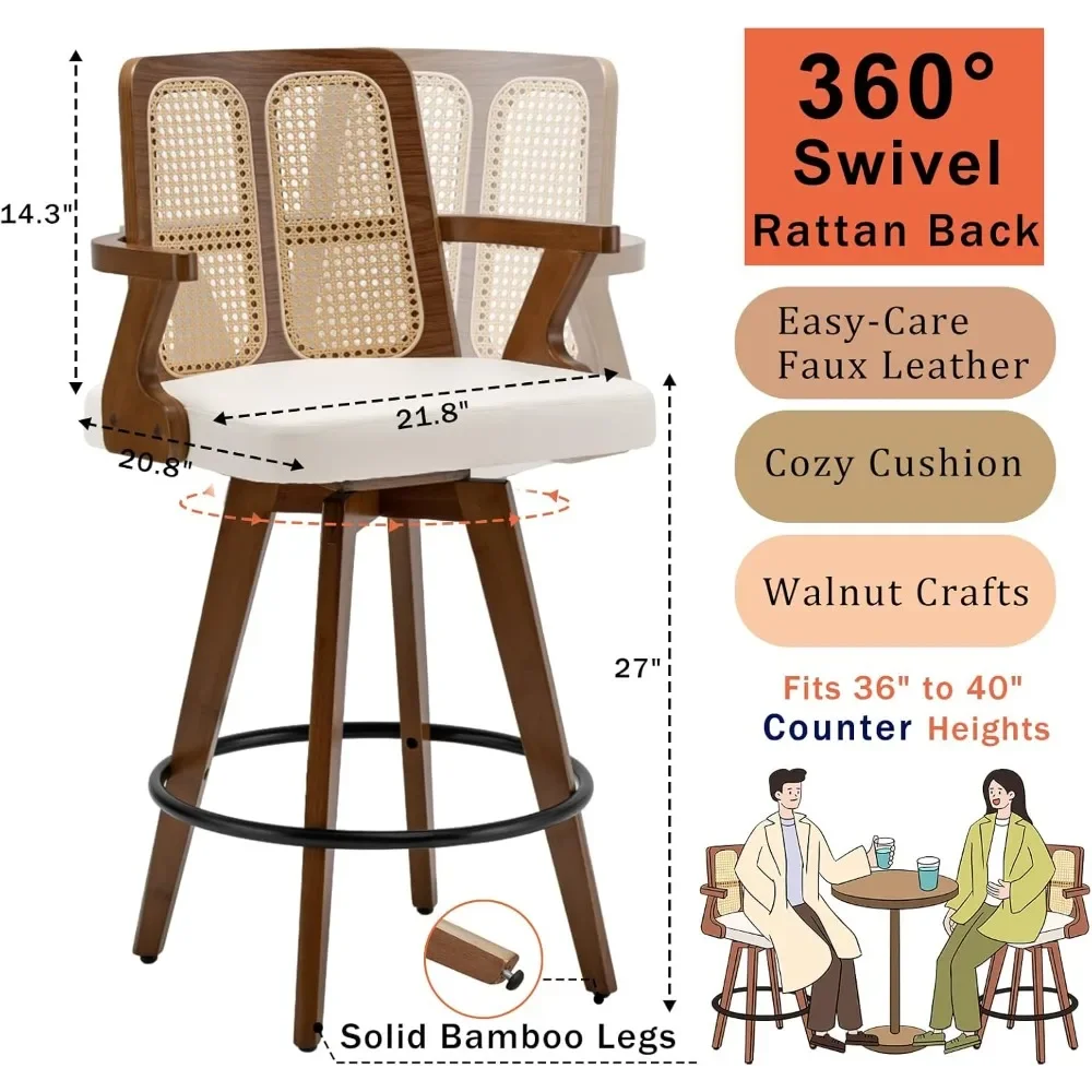 Set of 3 Mid Century Counter Stools - 27 inch Rattan Swivel Counter stools with Curved Back, Walnut Crafts, Upholstered Faux