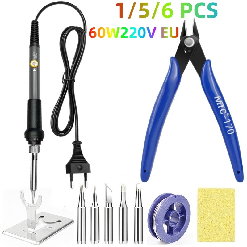 1/5/6pcs 60W 220V EU Adjustable Temperature Electric Soldering Iron Welding Iron Rework Station Heat Pen Tips DIY Repair Tool