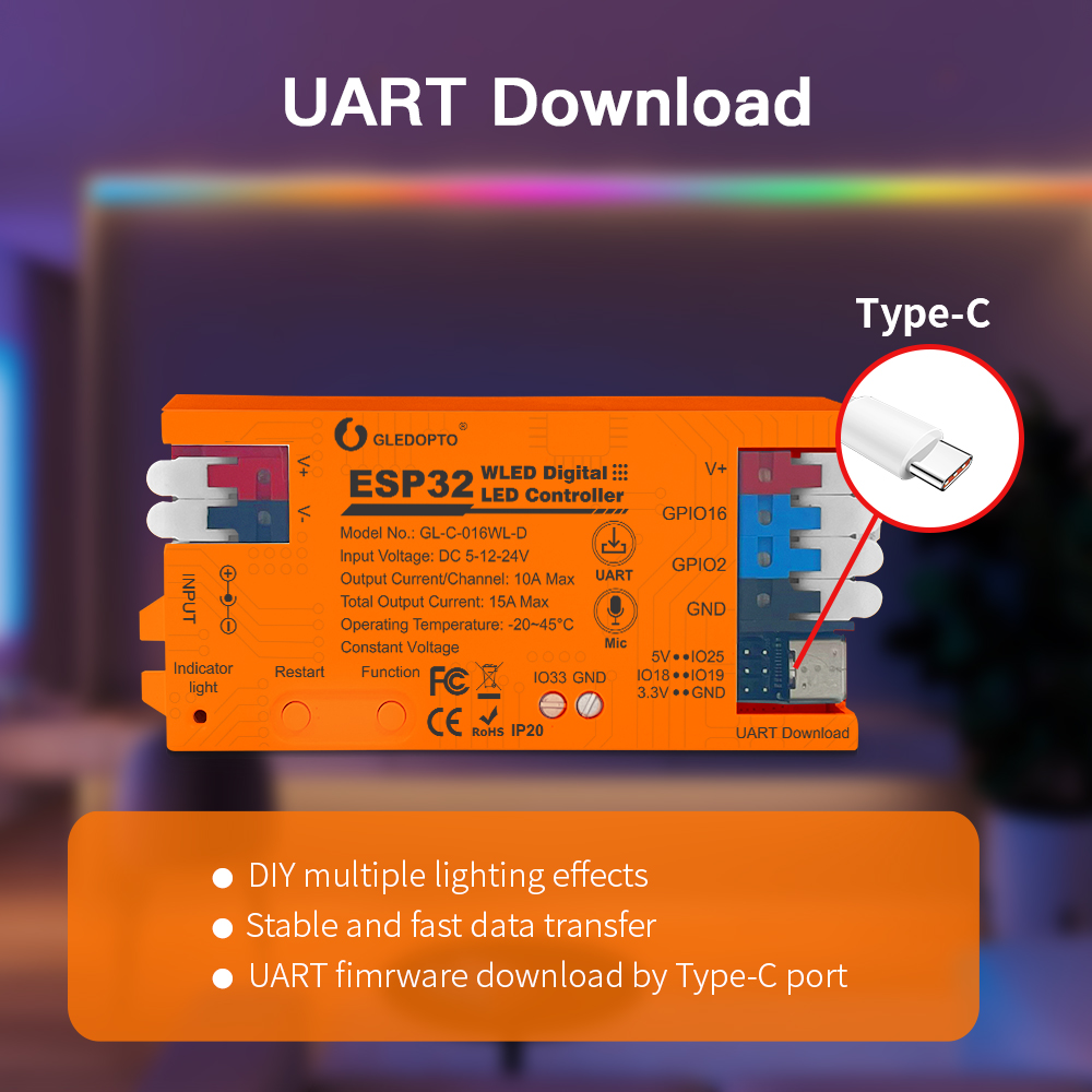 ESP32 WLED LED-Streifen-Controller mit MIC Typ C UART DC5-24 V 15 A 800 LEDs SM16703 PSK6812 WS2811 WS2812B FL19038 kompatibel