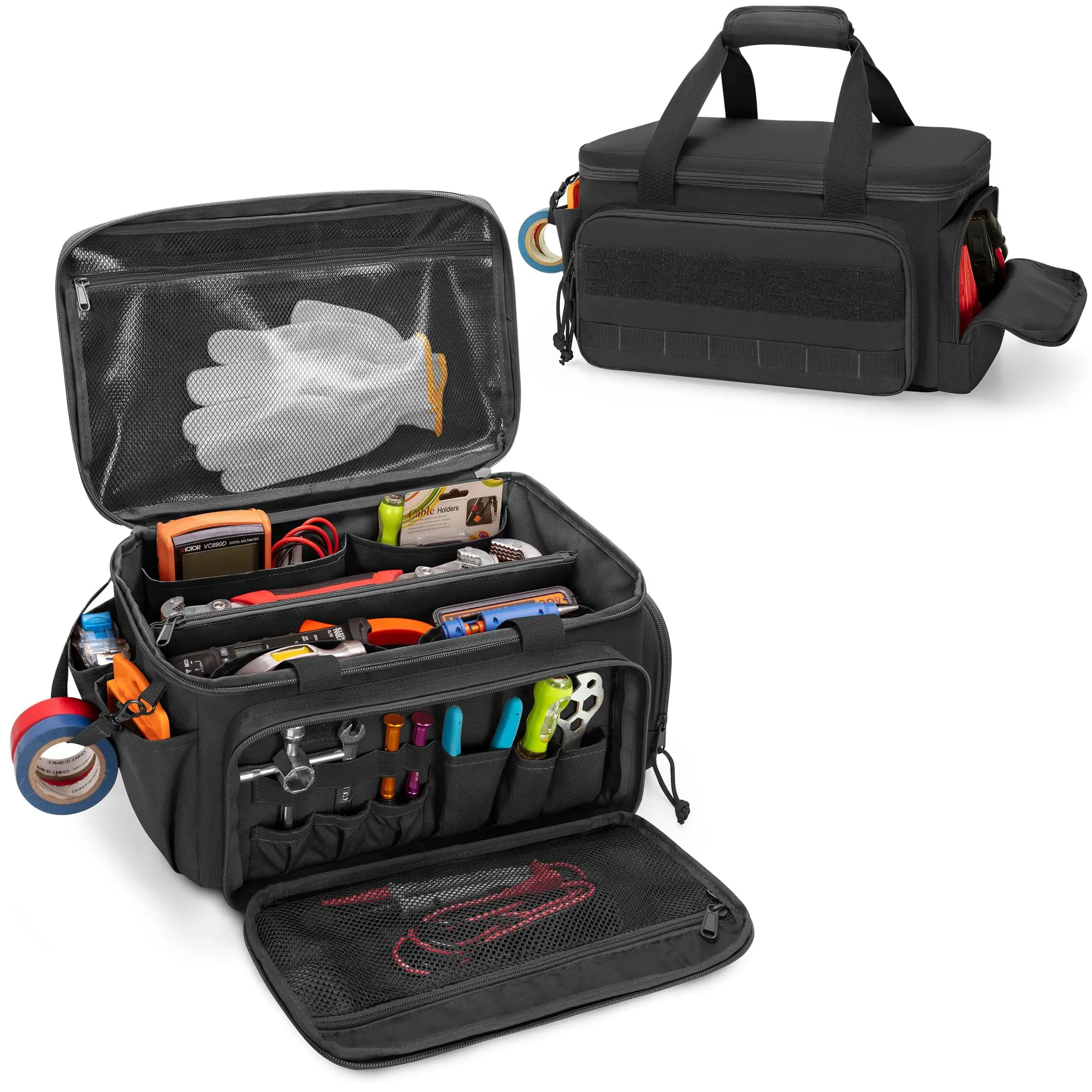 Kit de herramientas mejorado con correa para el hombro, bolsa de herramientas de mano táctica con parte inferior antifricción, bolso de trabajo multiusos para carpintero reparador